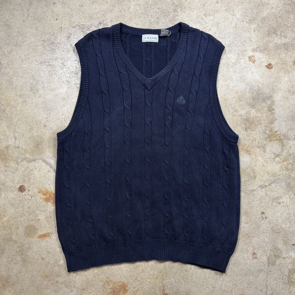 Vintage 90s Navy Blue Izod Cable Knit Sweater Vest Size XL